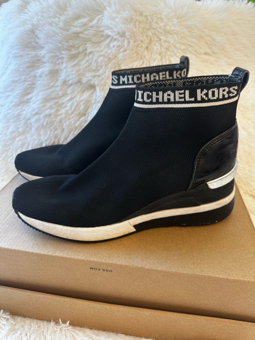 MICHAEL KORS Skyler Black Sock High Top Wedge Sneakers Logo Shoes Women’s 7.5